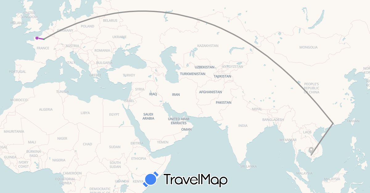 TravelMap itinerary: driving, bus, plane, train in China, France, Cambodia (Asia, Europe)